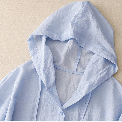 Effortless Linen Hooded Shirt for Women with Drawstring Hood Long Sleeve Button Front Relaxed Casual Style