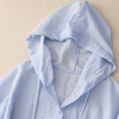Effortless Linen Hooded Shirt for Women with Drawstring Long Sleeve Button Front Relaxed Style