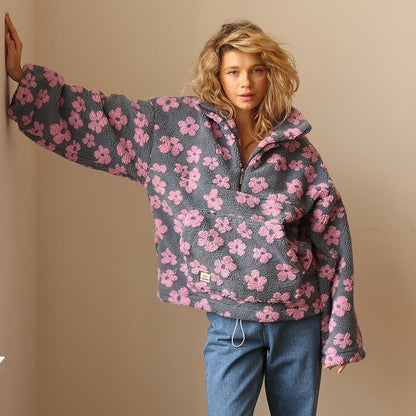 Comfortable Floral Sherpa Pullover for Women with Collar Quarter Zip Long Sleeve Oversized Style
