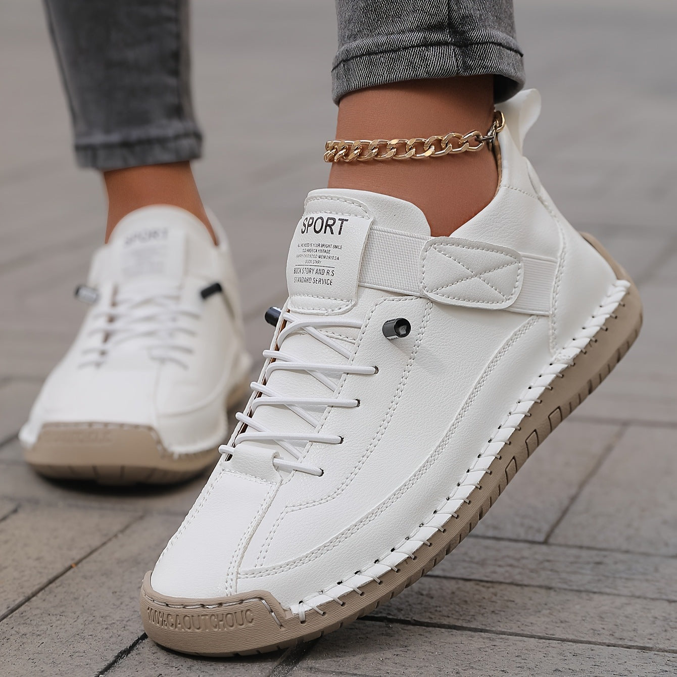 Comfortable Leather Fashion Sneaker for Women with Lace Up Velcro Strap Hand Stitched Casual Style
