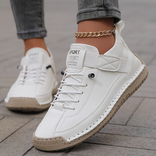 Comfortable Leather Fashion Sneaker for Women with Lace Up Velcro Strap Hand Stitched Casual Style