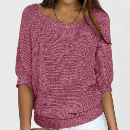 Comfortable Waffle Knit Sweater for Women with Boat Neck Batwing Sleeve Ribbed Hem Oversized Style