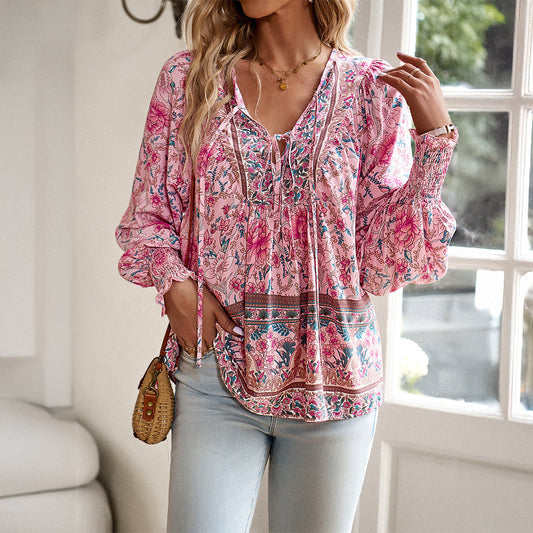 Effortless Floral Blouse for Women with V Neck Long Sleeve Tie Front Bohemian Style