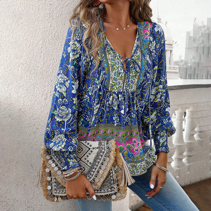 Effortless Floral Blouse for Women with V Neck Long Sleeve Tie Front Bohemian Style