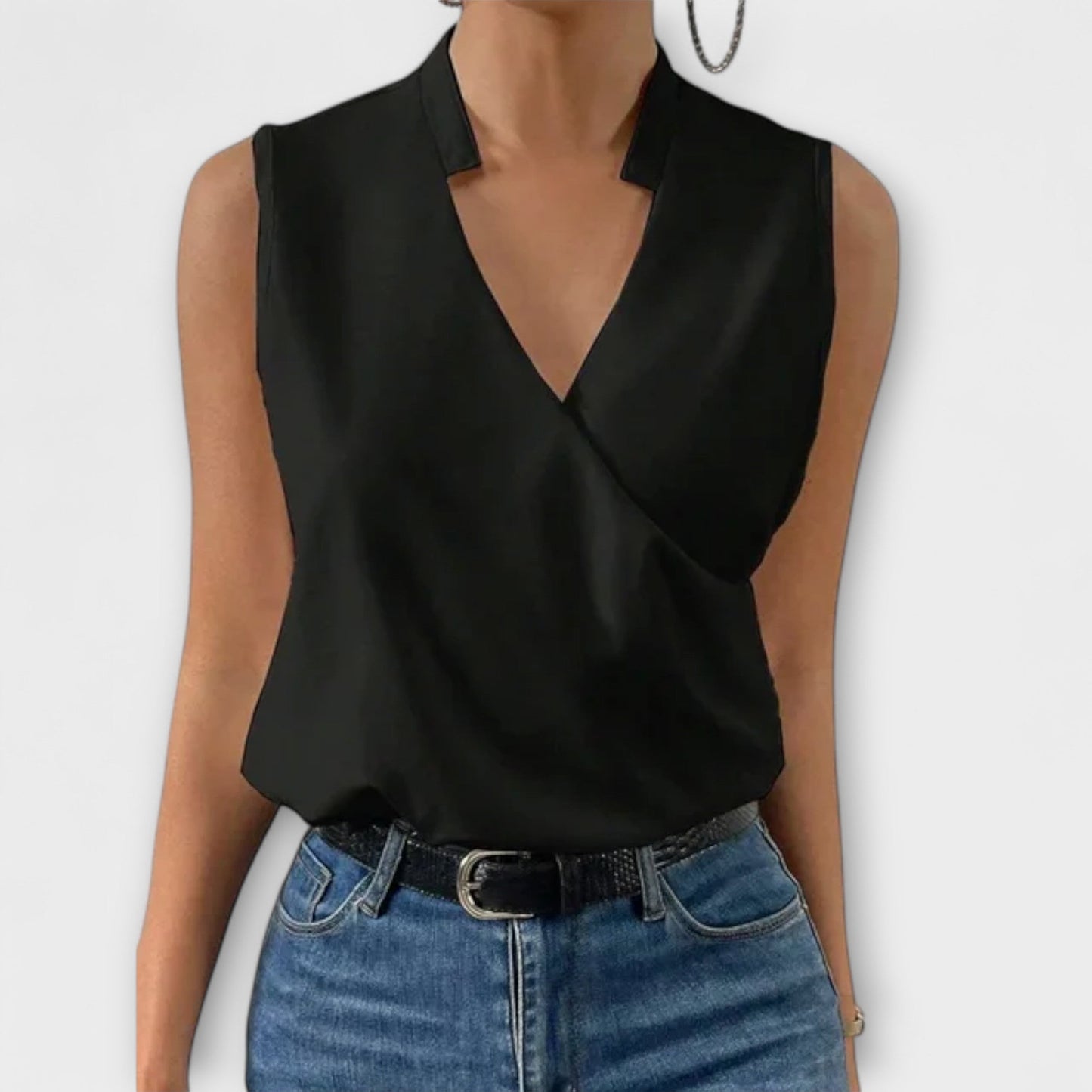Elegant Satin Wrap Blouse for Women with V Neck Sleeveless Draped Silky Style