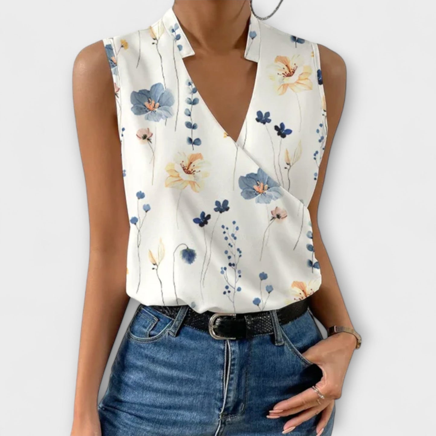 Elegant Satin Wrap Blouse for Women with V Neck Sleeveless Draped Silky Style