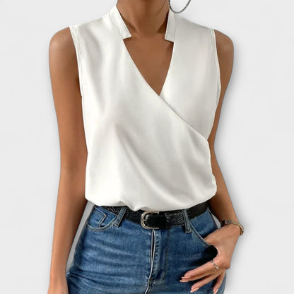 Elegant Satin Wrap Blouse for Women with V Neck Sleeveless Draped Silky Style