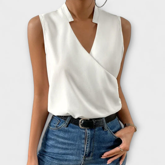 Elegant Satin Wrap Blouse for Women with V Neck Sleeveless Draped Silky Style