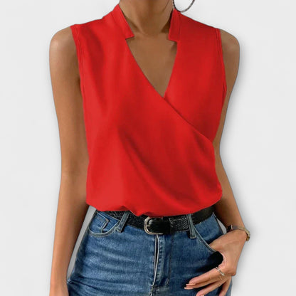Elegant Satin Wrap Blouse for Women with V Neck Sleeveless Draped Silky Style