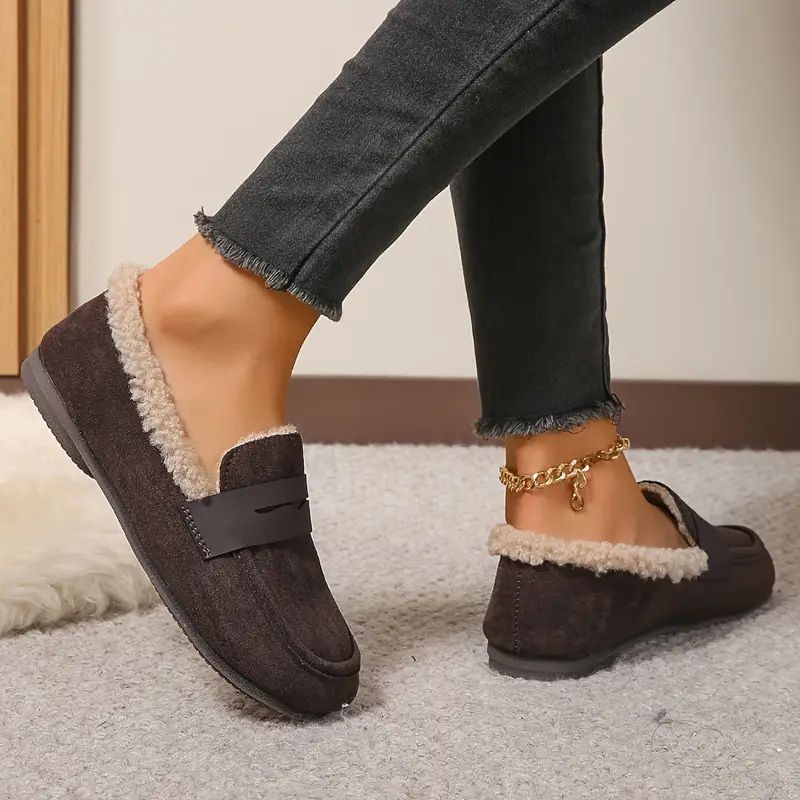 Comfortable Slippers for Women with Faux Shearling Lining Suede Look Moccasin Slip On Style