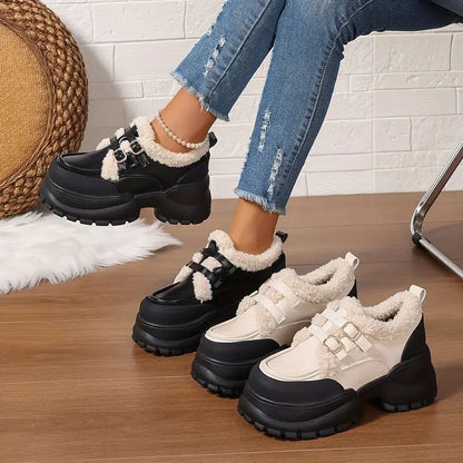 Comfortable Mary Jane Shoes for Women with Faux Fur Trim Double Buckle Strap Chunky Lug Platform Style