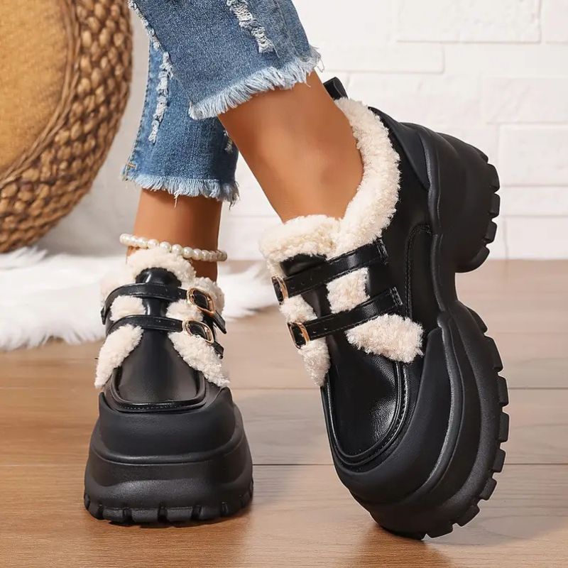 Comfortable Mary Jane Shoes for Women with Faux Fur Trim Double Buckle Strap Chunky Lug Platform Style