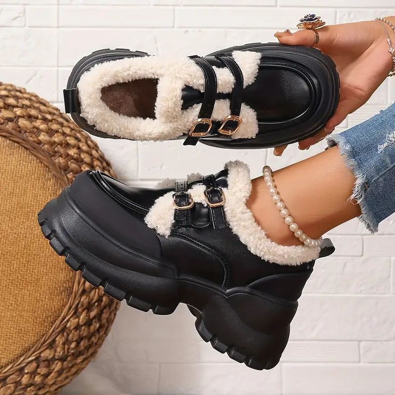 Comfortable Mary Jane Shoes for Women with Faux Fur Trim Double Buckle Strap Chunky Lug Platform Style