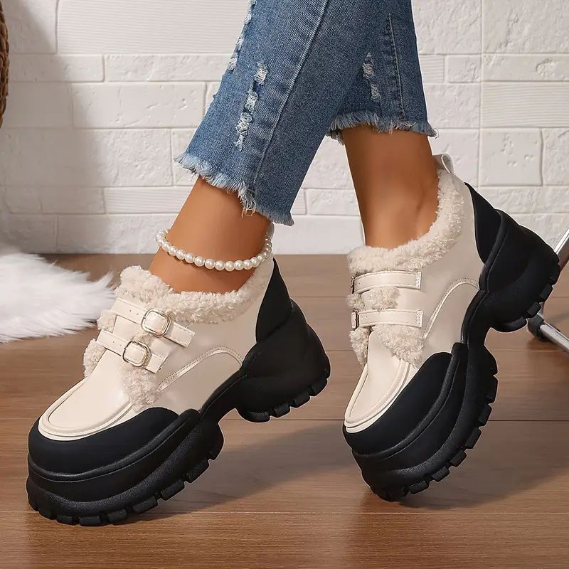 Comfortable Mary Jane Shoes for Women with Faux Fur Trim Double Buckle Strap Chunky Lug Platform Style
