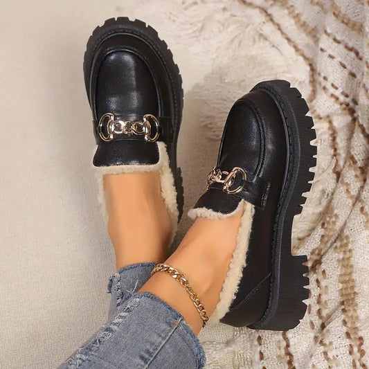 Comfortable Black Loafers for Women with Faux Fur Lining Chain Detail Chunky Lug Sole Style