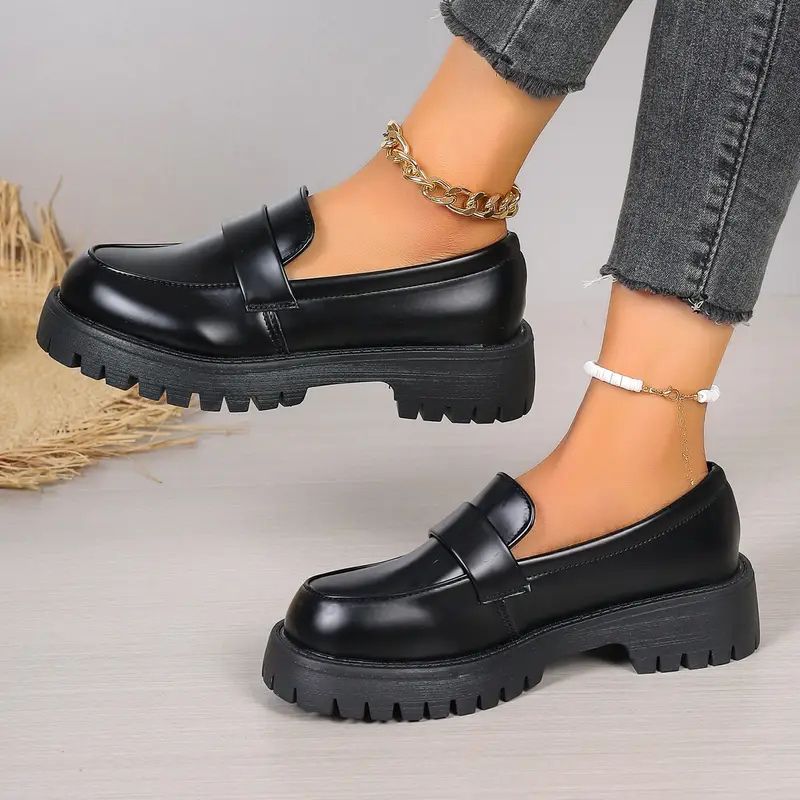 Comfortable Black Loafers for Women with Chunky Lug Sole Penny Strap Slip On Platform Style