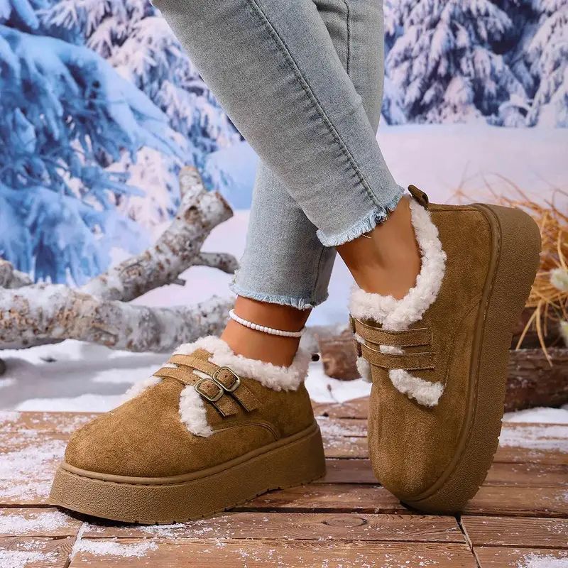 Comfortable Winter Shoes for Women with Faux Fur Lining Double Buckle Strap Platform Sole Style