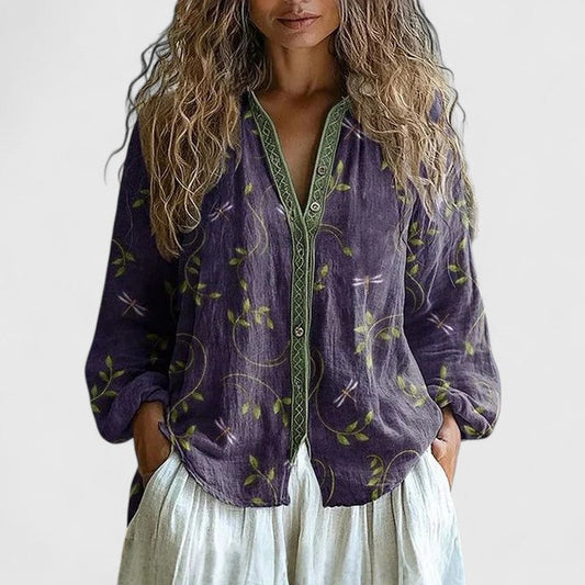 Effortless Floral Linen Blouse for Women with V Neck Long Sleeve Embroidered Trim Boho Style