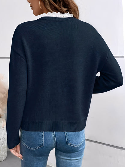 Comfortable Lace Trim Sweater for Women with V Neck Long Sleeve Relaxed Oversized Knit Style