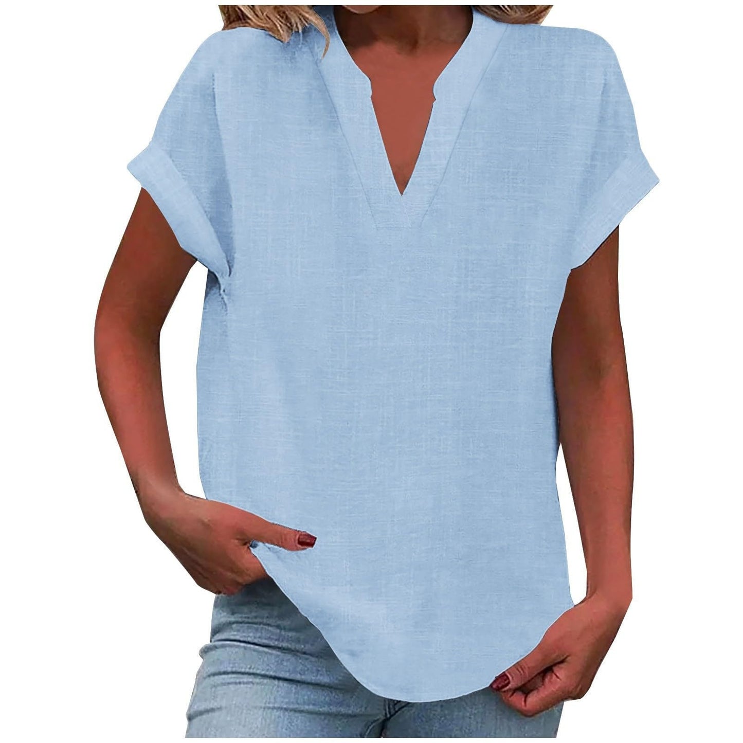 Effortless Linen Blouse for Women with V Neck Short Sleeve Relaxed Curved Hem Casual Style