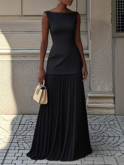 Elegant Pleated Maxi Dress for Women with Boat Neck Sleeveless Fitted Bodice Flowing Style