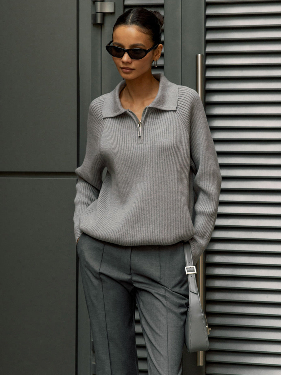 Comfortable Ribbed Knit Half Zip Sweater for Women with Collar Long Sleeve Relaxed Oversized Style