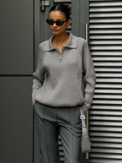 Comfortable Ribbed Knit Half Zip Sweater for Women with Collar Long Sleeve Relaxed Oversized Style