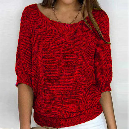 Comfortable Knit Sweater for Women with Scoop Neck Batwing Sleeve Relaxed Oversized Style