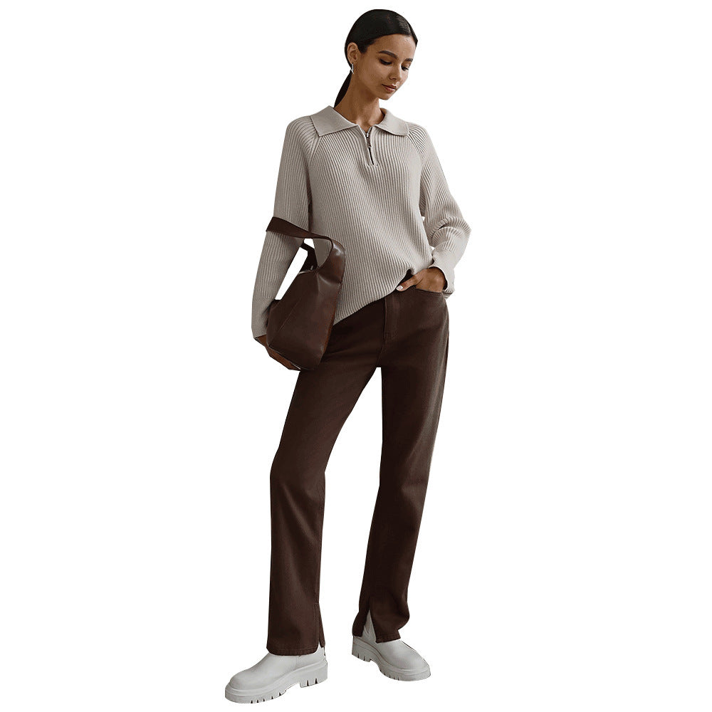 Comfortable Ribbed Knit Half Zip Sweater for Women with Collar Long Sleeve Relaxed Oversized Style