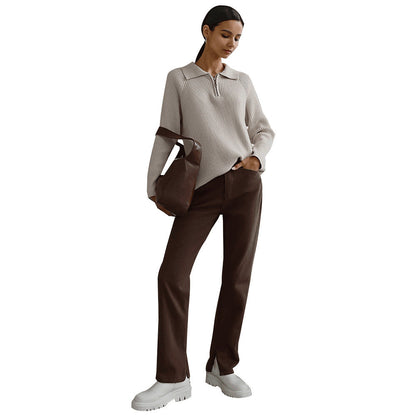 Comfortable Ribbed Knit Half Zip Sweater for Women with Collar Long Sleeve Relaxed Oversized Style