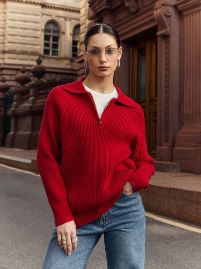 Comfortable Ribbed Knit Half Zip Sweater for Women with Collar Long Sleeve Relaxed Oversized Style
