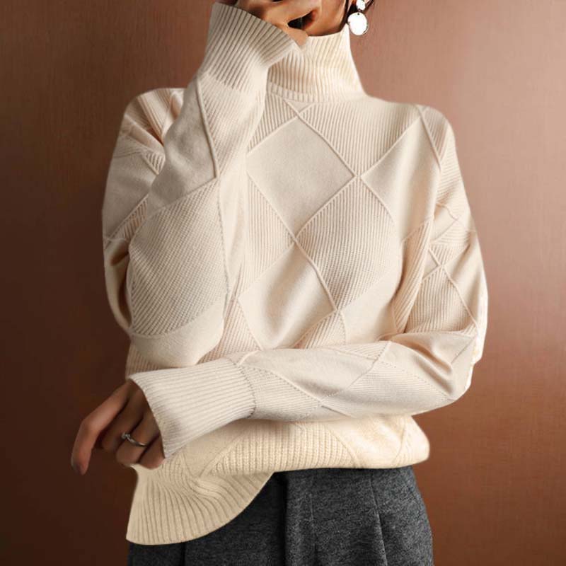 Comfortable Argyle Knit Sweater for Women with Turtleneck Long Sleeve Relaxed Oversized Style