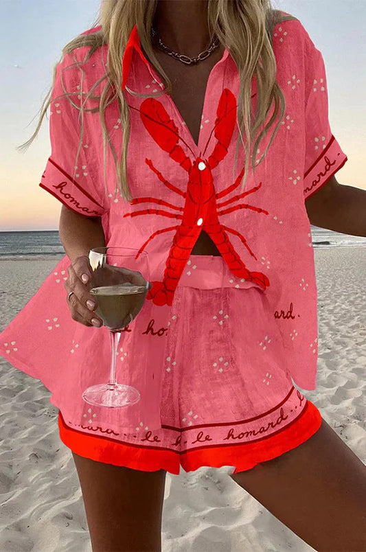 Effortless Pink Lobster Print Linen Two Piece Set for Women with Collar Short Sleeve Button Front Relaxed Style