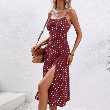 Effortless Polka Dot Midi Dress for Women with Scoop Neck Spaghetti Strap Side Slit Bodycon Style