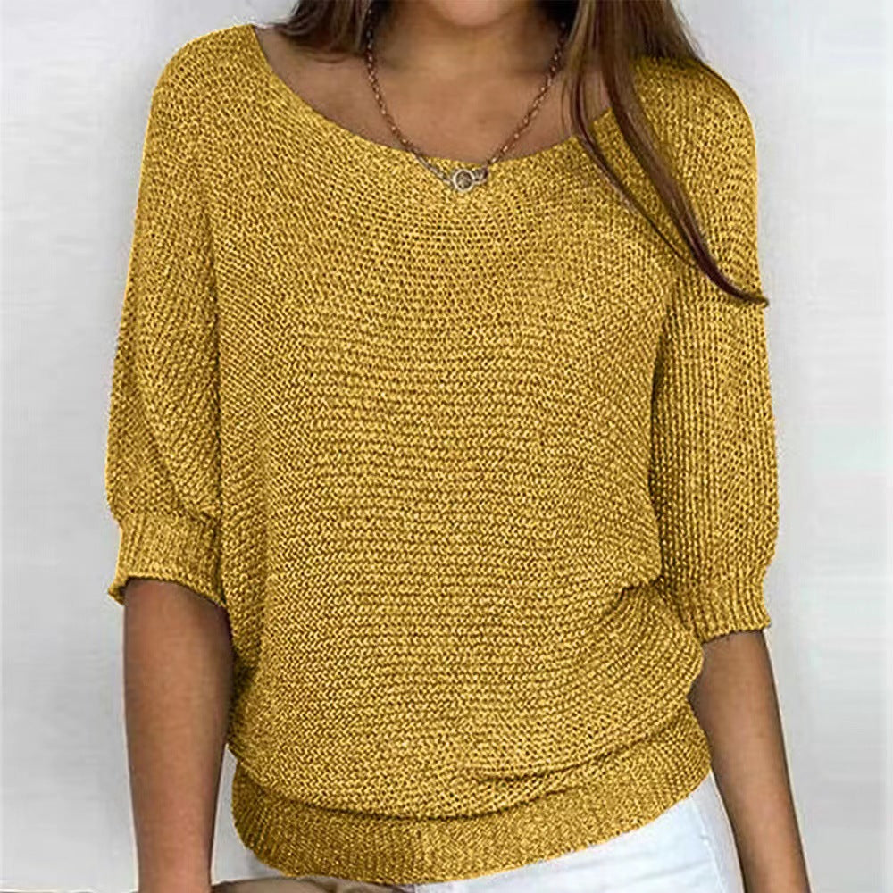 Comfortable Knit Sweater for Women with Scoop Neck Batwing Sleeve Relaxed Oversized Style
