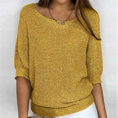 Comfortable Knit Sweater for Women with Scoop Neck Batwing Sleeve Relaxed Oversized Style