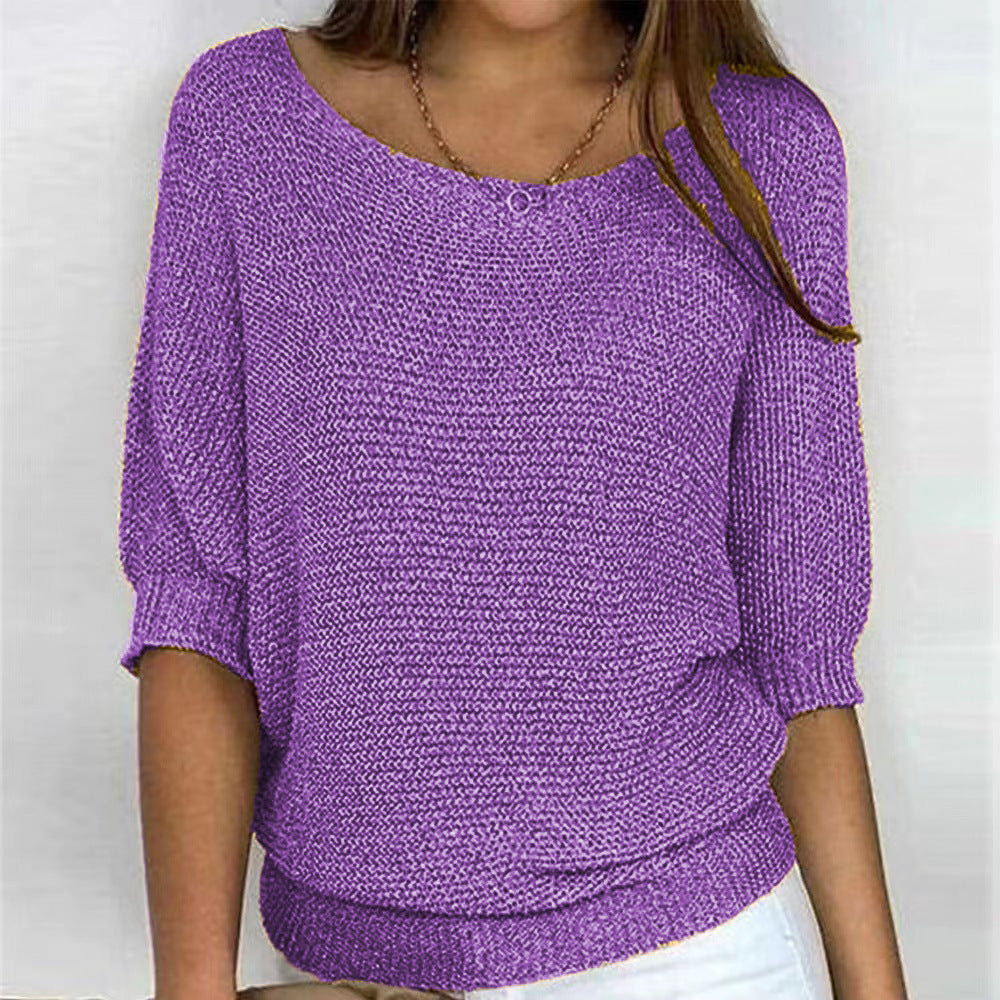 Comfortable Knit Sweater for Women with Scoop Neck Batwing Sleeve Relaxed Oversized Style