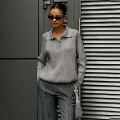Comfortable Ribbed Knit Half Zip Sweater for Women with Collar Long Sleeve Relaxed Oversized Style