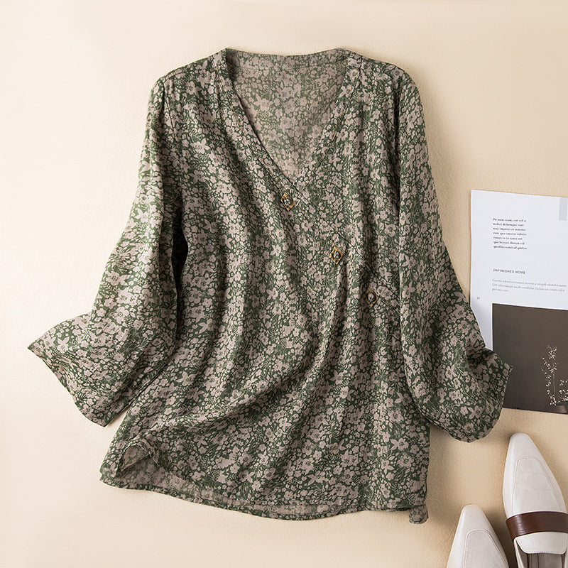 Effortless Printed Linen Blouse for Women with V Neck Bell Sleeve Wrap Button Front Relaxed Style