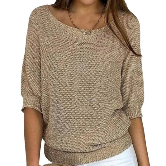 Comfortable Knit Sweater for Women with Scoop Neck Batwing Sleeve Relaxed Oversized Style