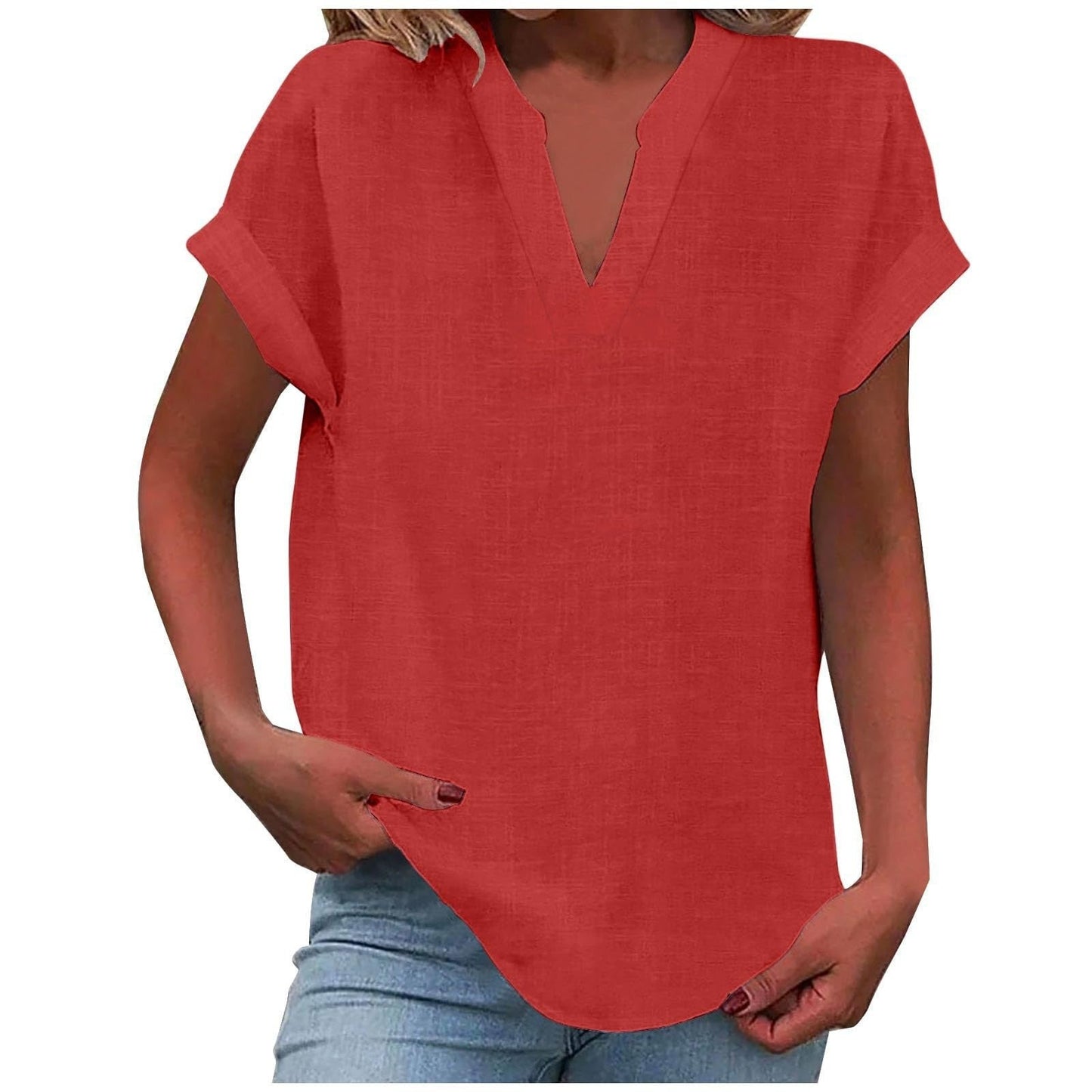 Effortless Linen Blouse for Women with V Neck Short Sleeve Relaxed Curved Hem Casual Style