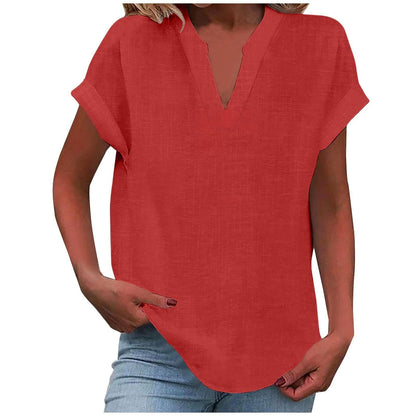 Effortless Linen Blouse for Women with V Neck Short Sleeve Relaxed Curved Hem Casual Style