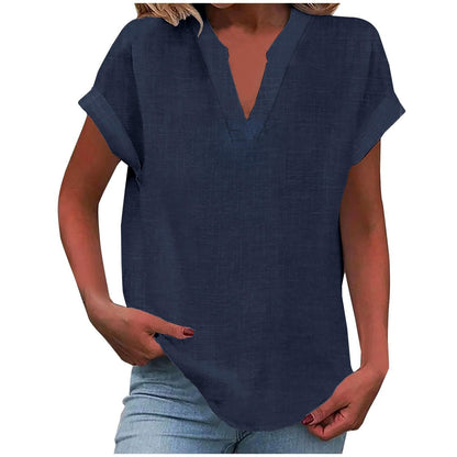 Effortless Linen Blouse for Women with V Neck Short Sleeve Relaxed Curved Hem Casual Style