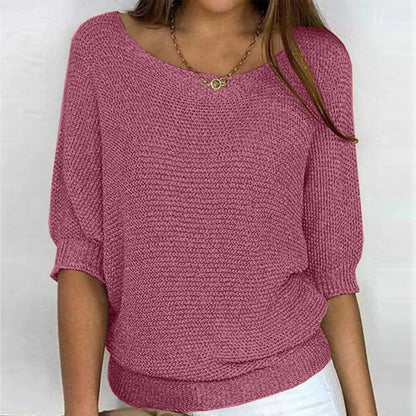 Comfortable Knit Sweater for Women with Scoop Neck Batwing Sleeve Relaxed Oversized Style