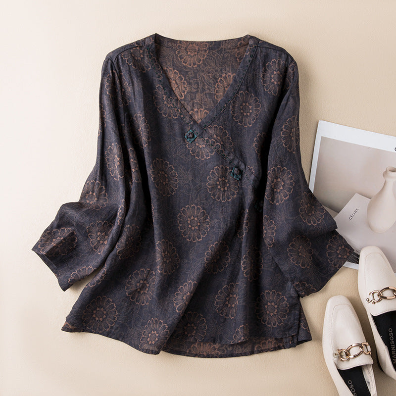 Effortless Printed Linen Blouse for Women with V Neck Bell Sleeve Wrap Button Front Relaxed Style