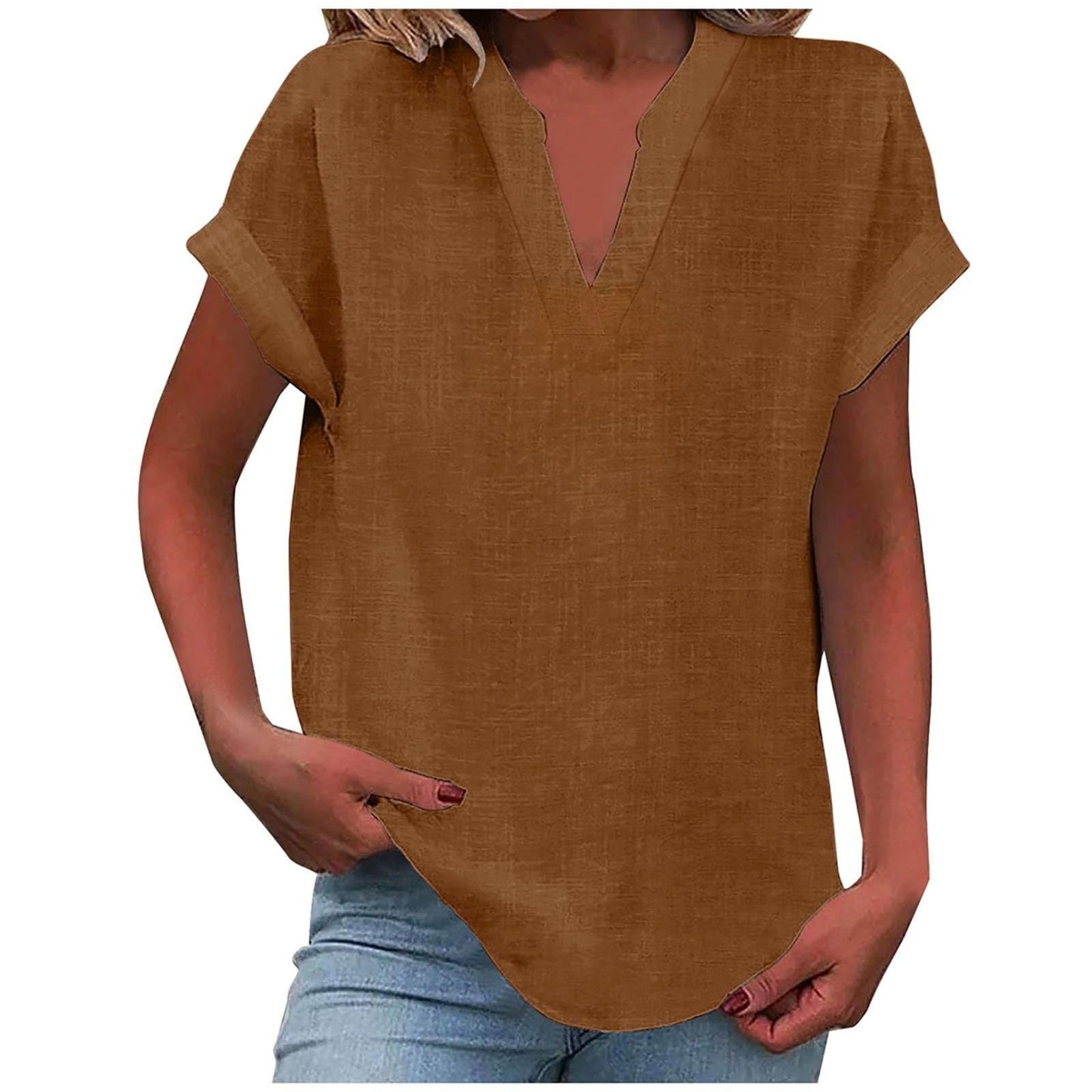 Effortless Linen Blouse for Women with V Neck Short Sleeve Relaxed Curved Hem Casual Style