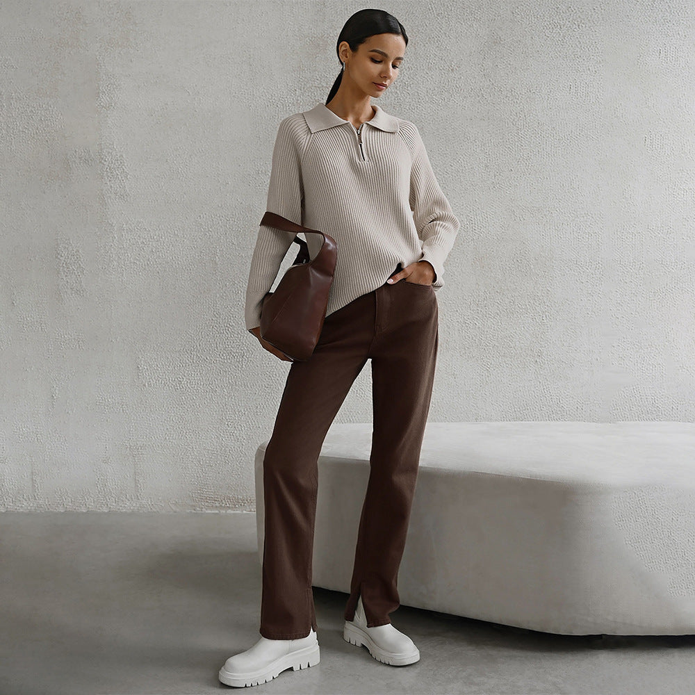 Comfortable Ribbed Knit Half Zip Sweater for Women with Collar Long Sleeve Relaxed Oversized Style