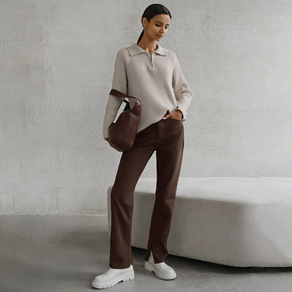 Comfortable Ribbed Knit Half Zip Sweater for Women with Collar Long Sleeve Relaxed Oversized Style