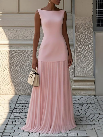 Elegant Pleated Maxi Dress for Women with Boat Neck Sleeveless Fitted Bodice Flowing Style