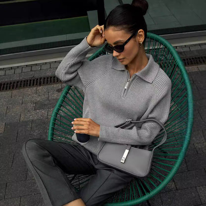 Comfortable Ribbed Knit Half Zip Sweater for Women with Collar Long Sleeve Relaxed Oversized Style